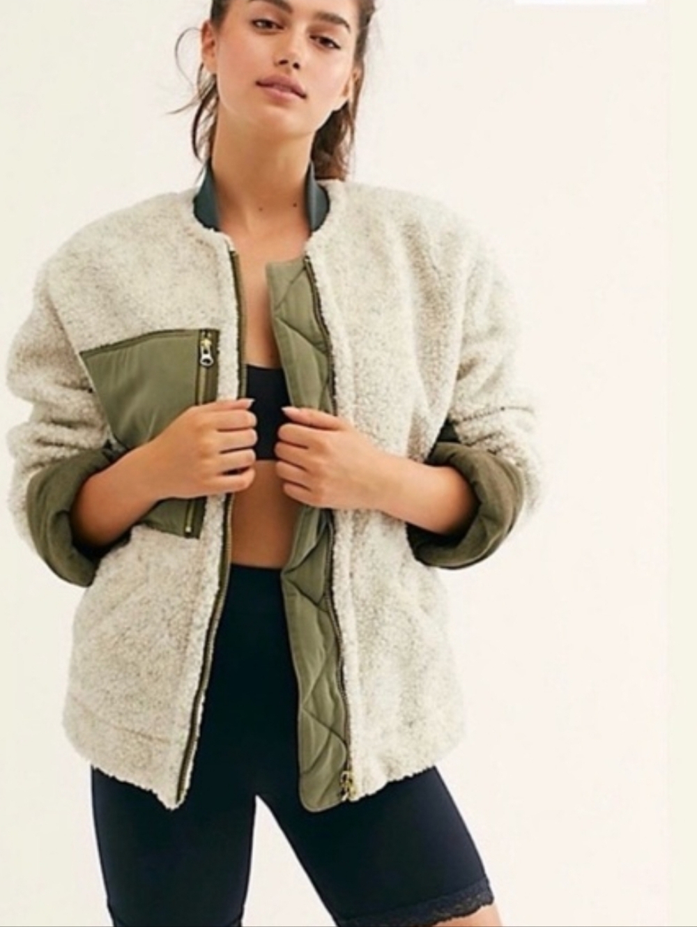 We The Free Rivington Cream Sherpa Jacket with Olive Quilted Trim